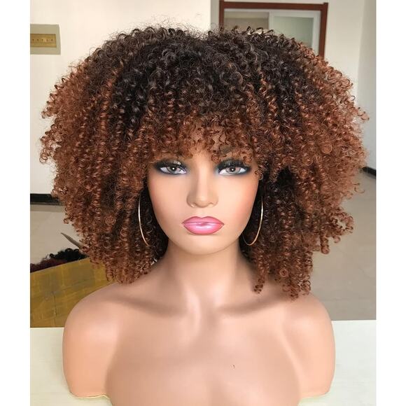 Short Curly Afro Wig With Bangs for Black Women Kinky Curly Hair Ombre Brown - Picture 1 of 5
